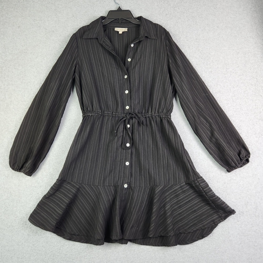 Indulge Shirt Dress Womens Large Black Textured Stripe Button Front Ruffle Hem